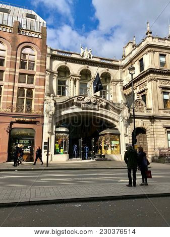 MAYFAIR, LONDON - MARCH 8, 2018: Entrance to Burlington Arcade from Piccadilly in Mayfair, Central London, UK.