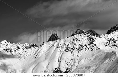 Snowy Avalanches Mountainside At Sunny Day. View From Chair Lift On Hatsvali, Svaneti Region Of Geor