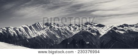 Panoramic View On Sunlight Snowy Mountains In Nice Morning. Caucasus Mountains. Svaneti Region Of Ge