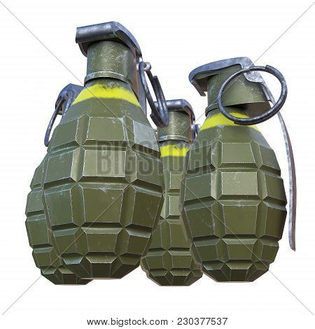 Hand Bombs Frag Grenade Green Metal With Scratches And Round Pin Over. 3d Render Isolated On White.