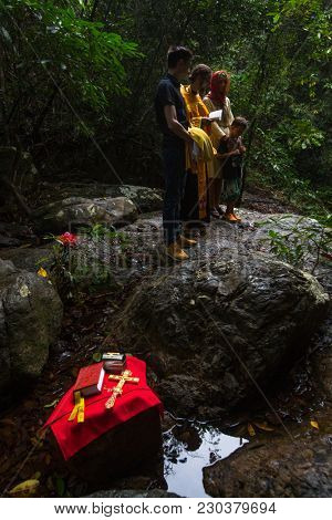 KOH CHANG, THAILAND - MAR 9, 2018: During Christian sacrament of spiritual birth - Baptism. There are currently 10 Orthodox parishes in Thailand, Orthodoxy is practiced by 0.002% of population.