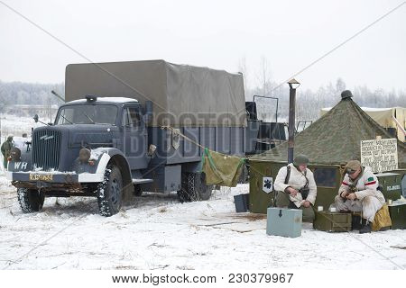 Saint Petersburg, Russia - January 14, 2018: Opel Blitz Is A German Truck In A Military Camp. Fragme