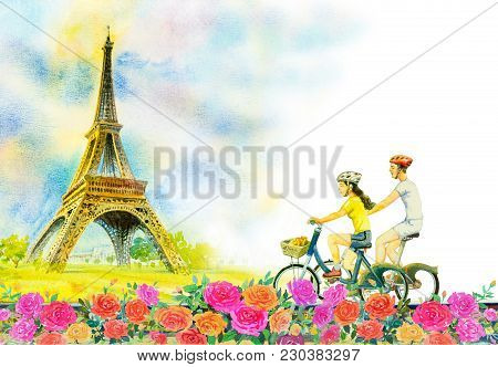 Paris European City Landscape. France, Eiffel Tower And Couple Love Man, Woman, Cycling Tour In Rose