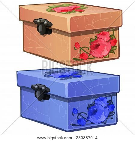 Two Cardboard Boxes With Ornaments In The Form Of Flowers. Vector.