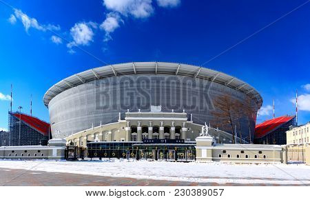 Yekaterinburg/Russia March 09, 2018. The construction of the new stadium for the 2018 world championship football (soccer). 