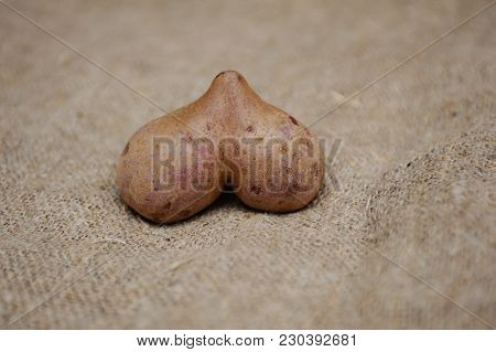Potatoes In The Form Of Heart On Sacking Closeup