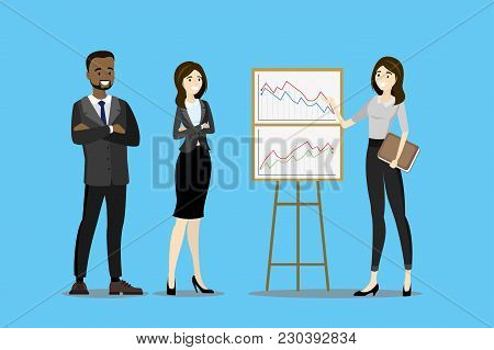 Cartoon Business Team, Presentation Or Report, Stock Vector Illustration