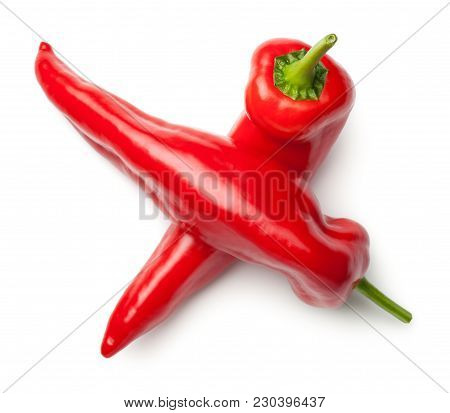 Red Peppers Isolated On White Background. Ramiro Pepper. Top View