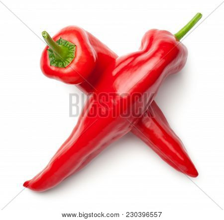 Red Peppers Isolated On White Background. Ramiro Pepper. Top View
