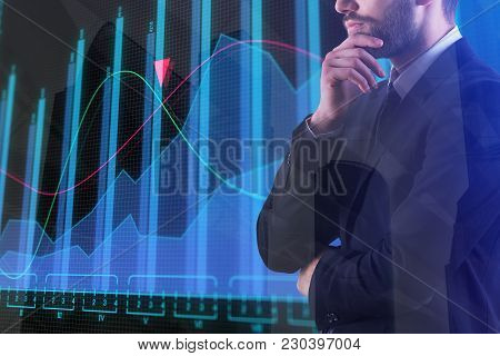 Finance And Trade Concept. Businessman On Abstract Forex City Background. Double Exposure