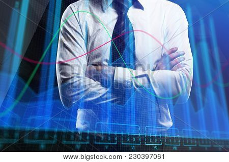 Finance And Management Concept. Businessman On Abstract Forex City Background. Double Exposure