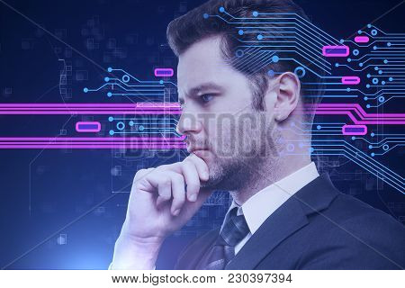 Side Portrait Of Handsome Thoughtful European Businessman On Blurry Background With Circuit Board. H
