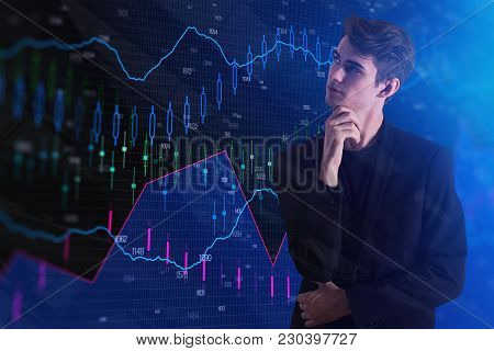 Finance And Analysis Concept. Businessman On Abstract Forex City Background. Double Exposure