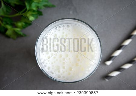 Fresh Plain Homemade Yougurt (yogurt, Youghurt, Kefir, Ayran, Lassi) In Glass With Herbs Over Gray B