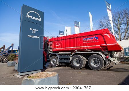 Nuernberg / Germany - March 4, 2018: Man Tgs 35.460 8x8 Dumper Stands On A Platform Near The Man Fac