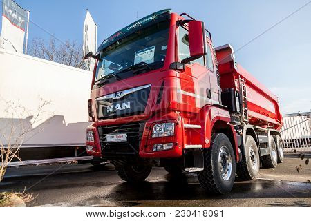 Nuernberg / Germany - March 4, 2018: Man Tgs 35.460 8x8 Dumper Stands On A Platform Near The Man Fac