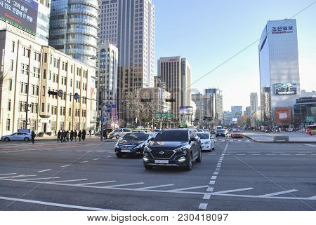 Seoul, South Korea - January 27th 2017: Heavy Traffic And Skycrappers At Early Morning In Seoul, Sou