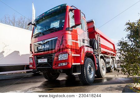 Nuernberg / Germany - March 4, 2018: Man Tgs 35.460 8x8 Dumper Stands On A Platform Near The Man Fac