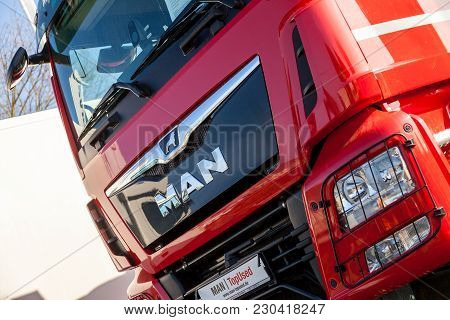 Nuernberg / Germany - March 4, 2018: Man Tgs 35.460 8x8 Dumper Stands On A Platform Near The Man Fac