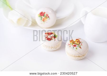 Vanilla French Beautiful White Macarons On White Background Cup Of Coffee Beautiful Dessert Modern D