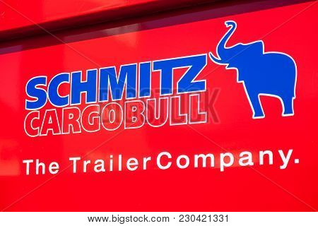 Nuerberg / Germany - March 4, 2018: Schmitz Cargobull Logo On A Man Dumper Truck. Schmitz Cargobull 
