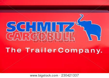 Nuerberg / Germany - March 4, 2018: Schmitz Cargobull Logo On A Man Dumper Truck. Schmitz Cargobull 