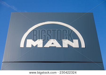 Nuernberg / Germany - March 4, 2018: Man Logo On A Board Near Factory In Nuernberg.