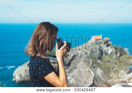 Tourist Traveler Photographer Making Pictures Sea Scape On Photo Camera On Background Ocean Gaztelug