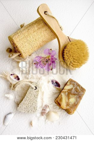 Sea Salt Crystals For Bathroom, Pumice, Luff,  Alstroemeria Flower, Body Brush, Shells, Handmade Soa