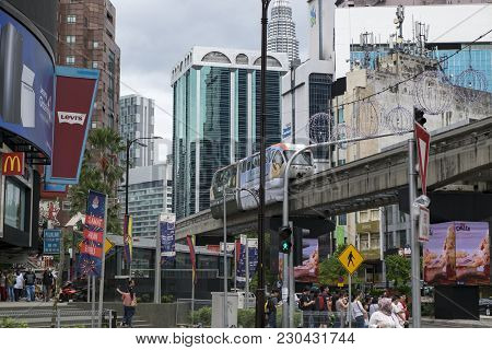 Kuala Lumpur, Malaysia - December 31,2017 : Kl Monorail Train Passing Through At Bukit Bintang Area,
