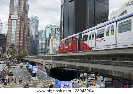 Kuala Lumpur, Malaysia - December 31,2017 : Kl Monorail Train Passing Through At Bukit Bintang Area,