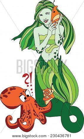 A Mermaid With The Phone, Funny Pet, Octopus, Colored. Cartoon Characters, Isolated, White Backgroun