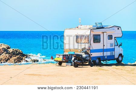 Camper At Capo Pecora Resort At The Mediterranean Sea, Sardinia, Italy