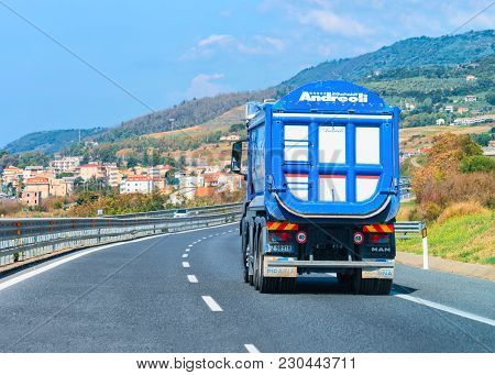 Agerola, Italy - September 29, 2017: Truck On Road In Amalfi Coast, Italy, Autumn