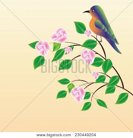 Branch With Pink Flowers And Exotic Bird On Background Light Creative Art Abstract Modern Vector