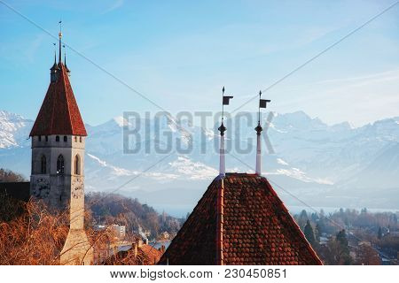 Panorama Of Thun City Church With Thunersee And Alps In Winter. Thun Is A City In The Canton Of Bern