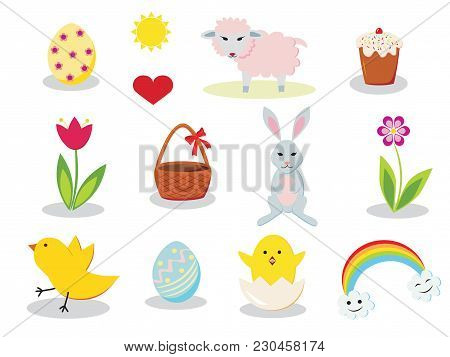 Set Of Colorful Easter Elements Isolated On White Background