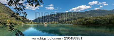 Lake Toblino (lago Di Toblino) With A Medieval Castle, Small Alpine Lake In Trentino Alto Adige, Ita