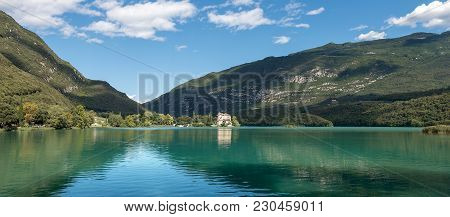 Lake Toblino (lago Di Toblino) With A Medieval Castle, Small Alpine Lake In Trentino Alto Adige, Ita