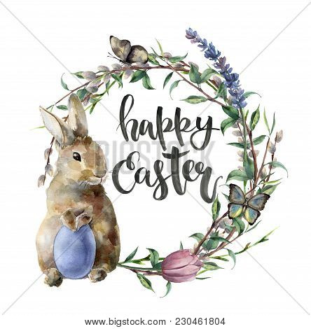 Watercolor Easter Card With Bunny, Butterfly And Lettering. Hand Painted Border With Egg, Lavender, 
