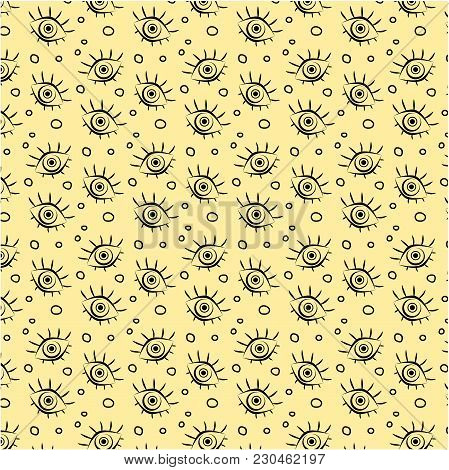 Yellow Background With Black Eyes And Different Design Elements