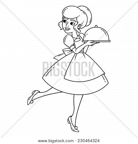 Beautiful Waitress With Tray. Housewife With Tray. Vector Isolated Illustration On White Background.