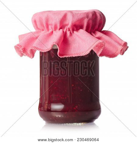 Raspberry Jam In A Jar On White Background Isolation