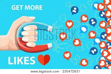 Get More Likes. Hand Hold Horseshoe Magnet Pulling Or Get Many Likes. Seo Concept. Vector Illustrati