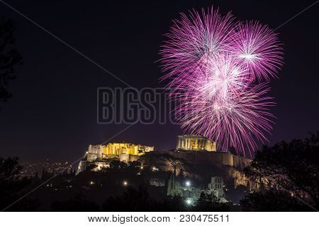 Fireworks Explode Over The Temple Of Acropolis In Athens, Grecce