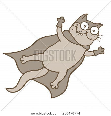 Cute Flying Super Cat In The Sky. Funny Incredible In Costume Of Superhero Character. Vector Illustr
