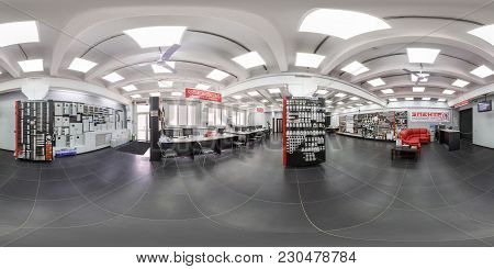 Grodno, Belarus - April 8, 2017: 360 Panorama View In Interior Of Modern Electric Home Store Of Lamp