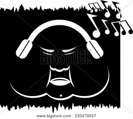 Minisalistic Vector Image Of Fat Face With Headphones. White Silhouette On Black Background And Note