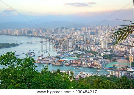 Panorama Of The City Of Sanya, A View Of The City In The Highest Point, The Island Of The Phoenix. A