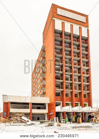 Visaginas, Lithuania - 12 February 2018: Day Winter View Shot Of Demolition Of Aukstaitija Hotel.
